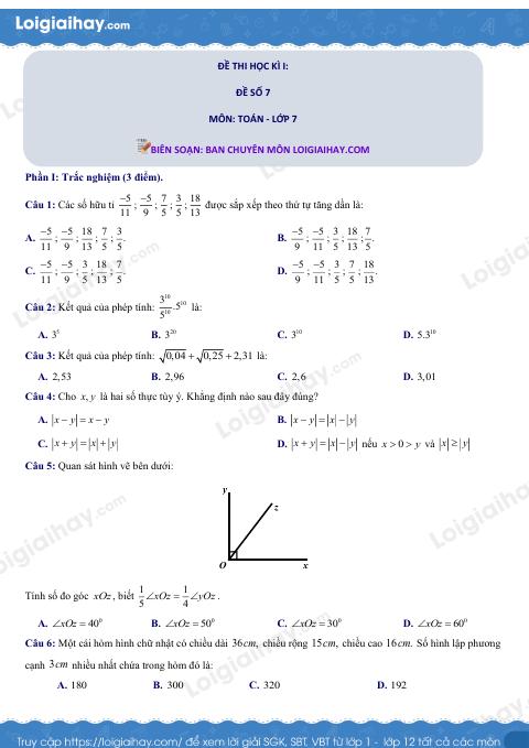 Đề thi học kì 1 Toán 7 - Đề số 7 - Chân trời sáng tạo
